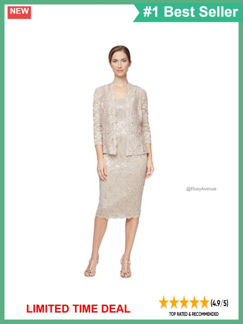Tea Length Sequin Lace Formal Dress with Illusion Sleeve Jacket